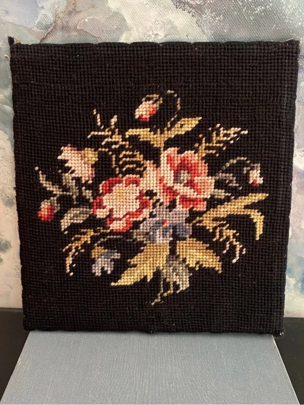Antique Black Wool Floral Needlepoint Framed Art Panel Handmade Bouquet Flowers - Picture 3 of 10